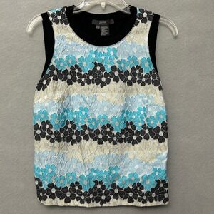 Per Se Floral Jacquard Sleeveless Top Womens Size 6 Blue Black Side Zip Shell